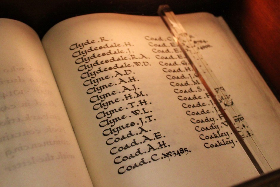 The names of every Victorian that served in WWI is handwritten in books in the Shrine of Remembrance