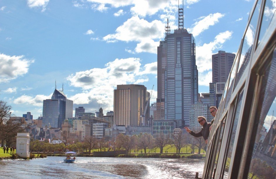 Leaning out the window during our boat cruise on the Yarra River