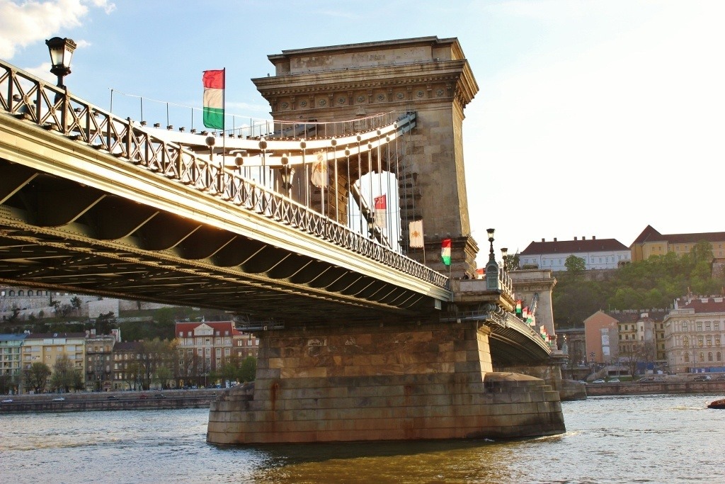 Iconic Budapest sights: A view of Chain Bridge from the bank of the river.