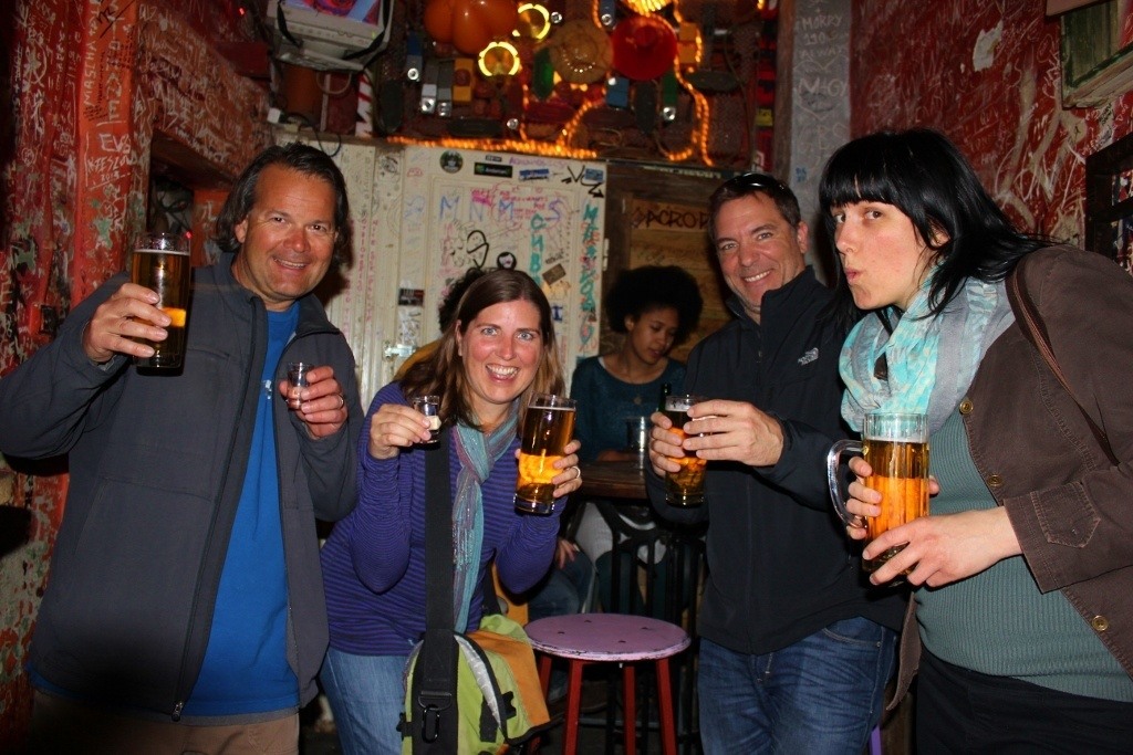 Friends in Budapest: Shots of Palinka at Szimpla, a popular Ruins Pub