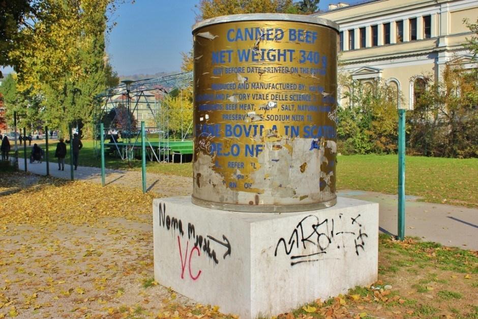 20 years after the Siege of Sarajevo a cheeky, post-war art installment modeled after the canned meat residents ate during the war is vandalized
