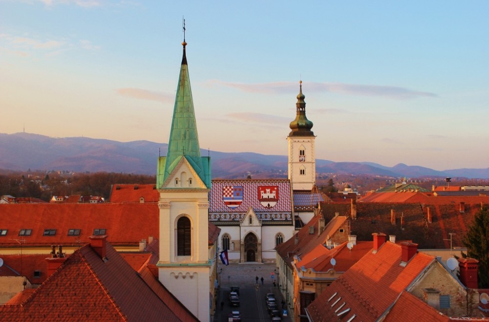 St. Mark's Church colorful roof and steeple in Zagreb, Croatia