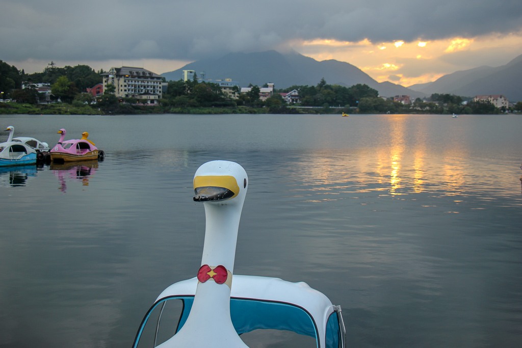 Duck boat at sunset on Kawaguchiko, Japan