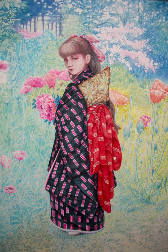 Painting of girl in traditional dress at Metropolitan Art Museum in Tokyo, Japan
