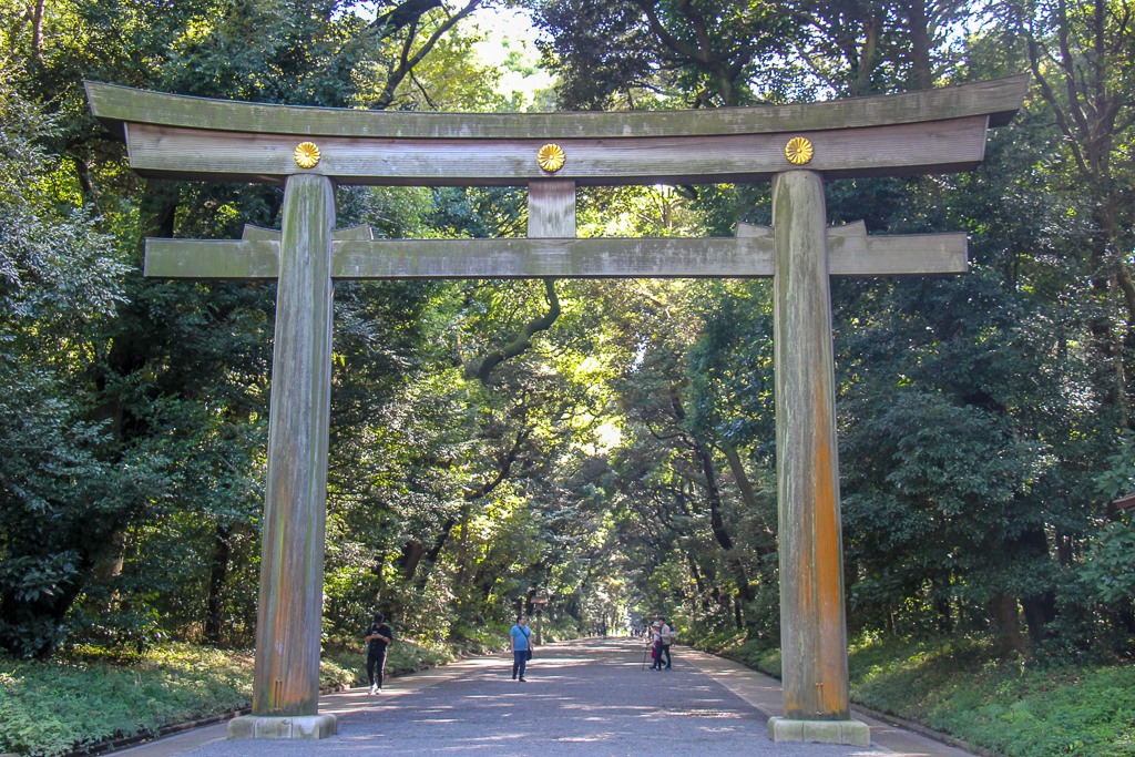 Large Torii Gates marks entrance to Meiji Shrine in Tokyo, Japan