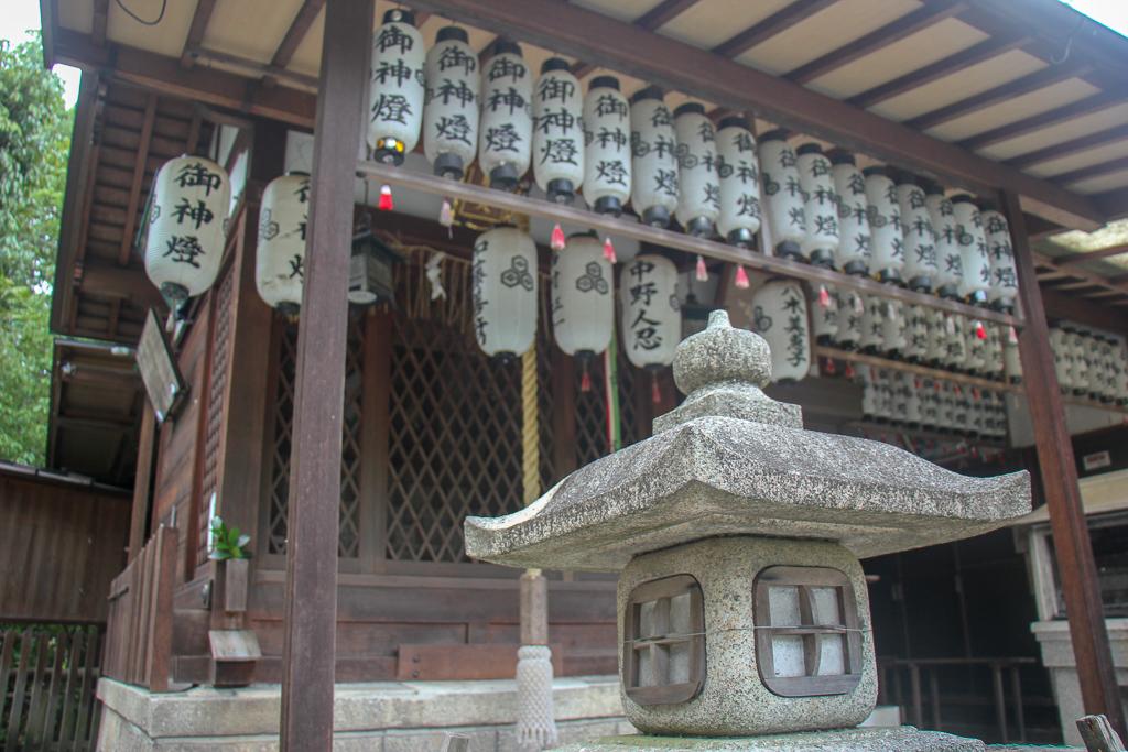 Lanterns hang from temple in Kyoto, Japan