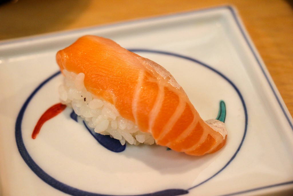 Salmon sushi at Tsukiji Outer Fish Market in Tokyo, Japan