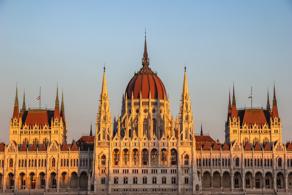 Spires and dome of Budapest Parliament Building in Hungary