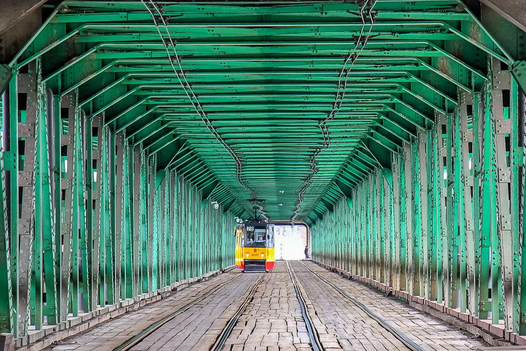 Classic Warsaw Tram on a Bridge, Poland